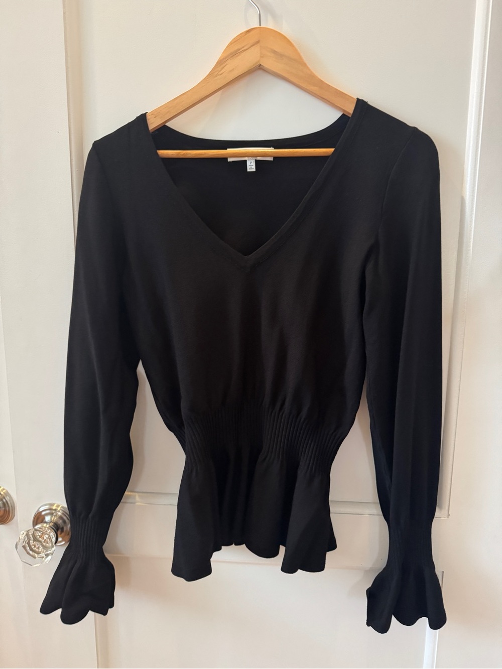 Milly Black V-Neck Smocked Waist Peplum Long Sleeve Top